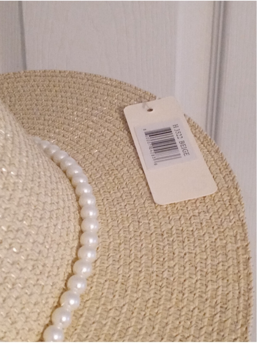 Woven Paper Straw Hat Natural Faux Pearl Trim - Picture 2 of 5